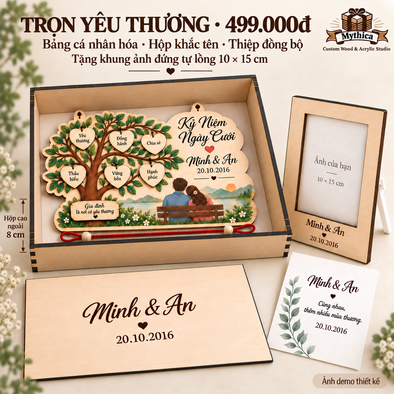 Trọn Yêu Thương: bảng cá nhân hóa, hộp khắc tên, thiệp và khung ảnh đứng tặng kèm