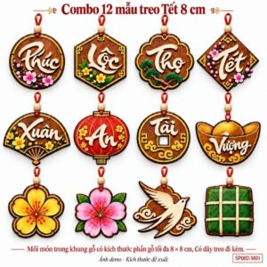 Bộ đồ gỗ treo Tết Mythica nhiều kiểu dáng trong khung tối đa 8 x 8 cm