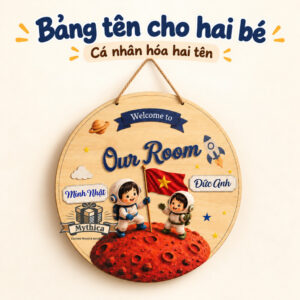 Bảng tên gỗ treo cửa cho hai bé, mẫu có thể thay tên tại Mythica