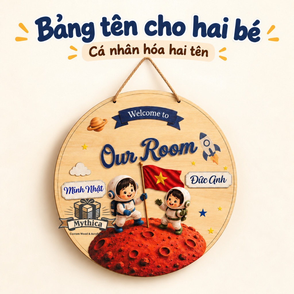 Bảng tên gỗ treo cửa cho hai bé, mẫu có sẵn tại Mythica