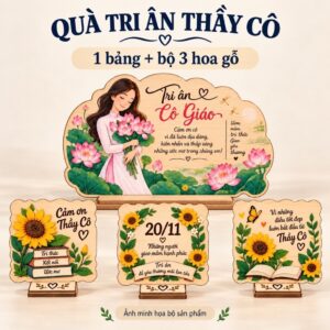 Bộ quà tri ân thầy cô Mythica gồm bảng gỗ và ba hoa gỗ lời chúc