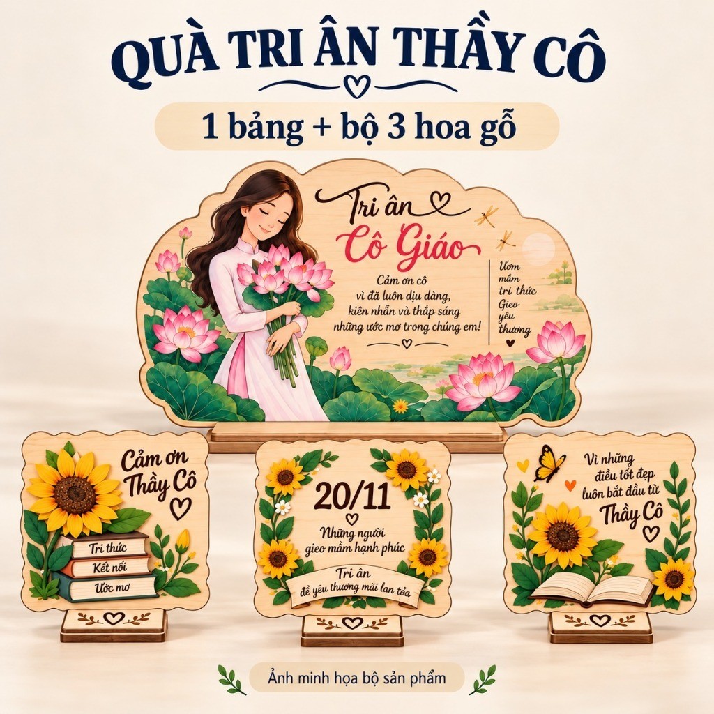 Bộ quà tri ân thầy cô Mythica gồm bảng gỗ và ba hoa gỗ lời chúc